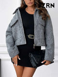 Jacket for Women, Patch Pockets with Flaps, Long Sleeve, Front Zipper, Female Outerwear, Chic Tops, Fashion-Outfit