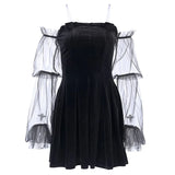 Black Mesh See -through Puff Sleeve Pleated Dress Gothic Slash Neck Ladies Mini Pleater Lolita Dress Party Velvet