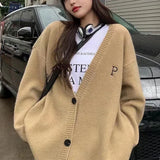 Woherb Wind Sweater Coat Women's Sheep Wool Winter New Wear Letters Embroidered Loose Knit Cardigan Top-Outfit