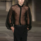 Man Sexy Black Transparent Shirts Men Mesh Shirts Fashion Long Sleeve Lapel Camisa Solid Color See Through Chemise