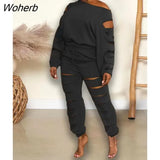 Elegant Cutout Holed Women's Set Long Sleeve T-shirt and Jogger Pants Active Fashion Tracksuit Two 2 Piece Set Outfits-Outfit