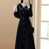 Woherb Summer Dress Long Sleeves Large Size Hepburn Wind Reduce Age, High Waist Show Thin Black Medium Long Fashion Skirt Woman-Outfit