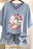 100% Cotton M-6XL T Shirt Japanese Cartoon Anime Tshirt Short Sleeve Women's Top Summer Couple V Neck Oversized T Shirts-Outfit