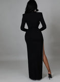 Sexy Lace See Through Straps Bodysuit and Long Sleeve Beaded Slit Long Dress 2 Piece