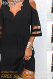 Women Short Sleeve Mini Dress Summer Contrast Mesh Scallop Trim Cold Shoulder Casual Dress Spring Casual Fashion-Outfit