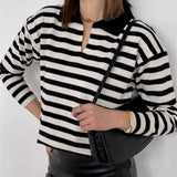 Neck Vintage Striped Sweater Pullovers For Women Casual Loose Long Sleeves Jumpers Autumn Female Drop Shoulder Kintting