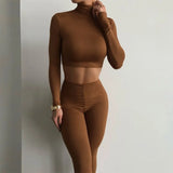 Woherb Satin Turtle Neck Crop Top High Waist Slim Leggings 2 Pcs Matching Sets 2023 Fall Women Fashion Streetwear Tracksuit 1127-1-Outfit