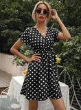 Women's Wear Station Summer Wave Dot Sexy V-Neck Short-Sleeved Dress-Outfit