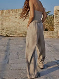 2023 Women Summer Strapless Jumpsuit Rompers Fashion Solid Linen Belt Off shoulder Female Elegant Street Overalls Cloth-Outfit