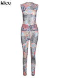 Kliou Mesh Paisley Print Two Piece Set Women Skinny O-Neck Sleeveless Top+ Multi-Color Pencil Pants Streetwear Female