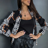 Autumn Elegant Pattern Print Women Baseball Cardigan Casual Zipper Bomber Jacket Tops Fashion Long Sleeve Windbreaker