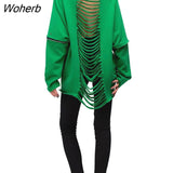 Women T-Shirts Sweatshirt Solid Hole Loose Straight Long Tops Fashion Sudaderas Para Mujer Casualwear Autumn Clothing-Outfit