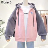 Winter Velveteen Lined Hooded Sweatshirt Women Zip Up Loose Patchwork Jackets Casual Loose Coats Hoodies Sudaderas Outwear-Outfit