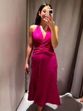 Chic Linen Blend Women's Lace Up Midi Dress Fashion Hanging Neck Collar Backless Vestido 2023 Summer Female High Streetwear-Outfit