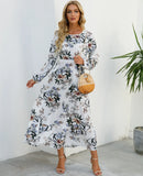 Autumn New Bohemian Floral Print Long Sleeve Waist Dress Women O Neck Loose Casual Beach Vestidos Holiday Robe Dresses-Outfit