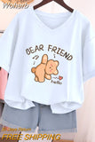 100% Cotton L-5XL Plus Size T Shirt Bunny Print V Neck Tshirt Short Sleeve Women Top Basic Summer Couple Solid T Shirts-Outfit