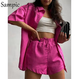 Casual Lounge Wear Summer Green Tracksuit Women Shorts Set Short Sleeve Shirt Tops And Loose Mini Shorts Two Piece