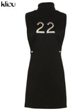 Kliou Fashion Rivet Mini Dress Women Hipster Letter Embroidery Side Split Street Skirt Knitted High Round Neck Cool Girl
