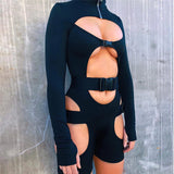 hirigin Women Bodycon Buckle Cut Out Biker Rompers Sexy Long Sleeves Hollow Out Clubwear Bodysuit One Piece Short Jumpsuit