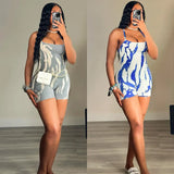 Sexy Spaghetti Strap Backless Shorts Jumpsuits Women Tie Dyed Print Sport Skinny Bodusuits 2024 Summer Grunge Y2K Stree-Outfit