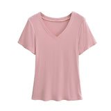 Trend Women's Wear Pure Wind Summer Drooping Feeling Shoulder Waist V-Collar Short Sleeves Thin T-Shirt Plain Color Simple Blouse-Outfit