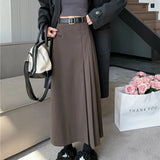 Vintage Pleated High Waist Skirt Women Autumn College Style Suit A-Line Skirt Woman Back Zipper Mid Length Skirts Female-Outfit
