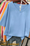 100% Cotton M-6XL T Shirt Solid V Neck Tshirt Short Sleeve Women's Top Basic Summer Couple Oversized T Shirts-Outfit