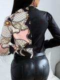 Women Fashion Shirt Lady Long Sleeve Blouse Turn-down CollarButton Design Print Casual
