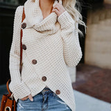 Turtleneck Knitted Sweaters Autumn Winter Solid Irregular Hem Long Sleeve Pullover Jumper Fashion Button Loose