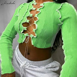 Autumn Fashion Sexy Hollow Out T-Shirt Women Patchwork Long Sleeve Street Casual Crop Top Lady Cross Bandage