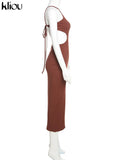 Kliou Ribbed Lace up Maxi Dress Women Sexy Solid Sleeveless Backless Body-Shaping Cut Out Skirt Party Clubwear Female