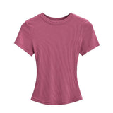 Trend Women's Wear Thread Slim Short-Sleeved T-Shirt Sexy Round Collar Solid Color Shoulder Show Thin Short Navel Blouse-Outfit