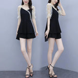 Summer New Korean Women Sets Patchwork Blouse And Casual Shorts Female