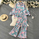 Style Two-Piece Suit Women's Autumn French Retro Print Loose Long-Sleeved Skirt High-Waist Straight Casual Trousers-Outfit