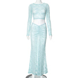 Mesh See Through Summer Women 2 Piece Set Long Sleeve Crop Top+ Ruched Long Wrap Skirt Two Piece Sets Summer Beach Wear-Outfit