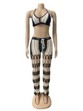 Block Knit Rib 2 Piece Set Summer Beach Wear Sexy Crochet Fishnet Lace Up Bra Crop Top + Pants Club Oufits Tracksuit Women-Outfit