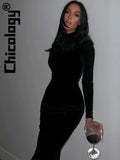 Velvet Long Sleeve Slim Black Zipper Long Dress Festival Streetwear Fall Winter Party 2022 Women Clothes Wholesale-Outfit