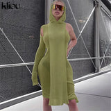 Kliou Knitted Dress Women Sexy See Through X-Long Hoody Tops+One Shoulder Drawstring Ruched Robe Skirt Hipster Future