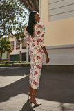 Women Elegant Linen Flower Printed Slit Midi Skirt Suit Chic Puff Sleeves Backless Crop Top Set Summer Lady High Streetwear 2024-Outfit