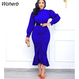 Sexy Party Mermaid Dress Women Fashion Elegant Solid Lantern Sleeves Slim Pleated Irregular Mermaid Evening Dress Women-Outfit