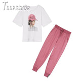 Casual Lady Print T Shirt And Solid Color Pants Women Sets Korean Female