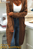 Women Sweater Mid-Length Women'S Overcoat Cardigan Solid Color Hooded Twisted Knitted Open Loose Sweaters-Outfit