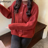 Cardigan Sweater Solid O-Neck Single Breasted Loose Outwear Street Females Leisure Chic Elegant Simple Trendy Knitted