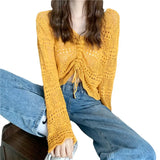 Woherb Out Thin Jacket Summer 2024 New Draw Rope V Collar Short Money Wearing Sunscreen Shirt Sweet Spicy Short Sleeve Knit Women-Outfit