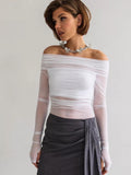 Autumn And Winter New Women's Clothing Pure Color Repair Fashion One Word Neck Net Yarn Long Sleeve