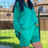 Women Shirts 2 Piece Set Casual Solid Lapel Long-sleeved Blouses And Shorts Suits Female Loose Streetwear Outfits