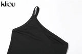 Kliou Concise 2 Piece Set Women Sexy Skew Collar Crop Tops+Pencil Pants Matching Outfit Girl Hot Skinny Classic Street