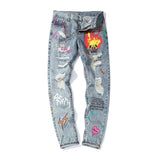 Street Hole Retro Graffiti Black Skull Jeans Men's Original Straight Slim Punk Pants Calca Masculina Denim