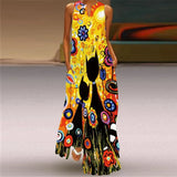 Flower Printed Long Summer Pocket Sexy V-neck Sleeveless Dresses for Women Party Bohemian Ankle-Length Vintage