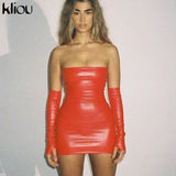 Kliou Faux PU Leather With Gloves Party Dress Women Backless Sexy Hot Clubwear Skinny Slim Solid Fashion Bodycon Mini